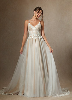 Azazie Devi Wedding Dresses Diamond White Nude A-Line V-Neck Lace Tulle Dress image5