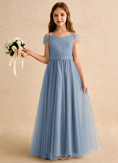 Azazie Yuna Girls Formal Abiti da Ragazza di Fiori Abito A-Line in Tulle a Spalla Scoperta Blu Polveroso image3