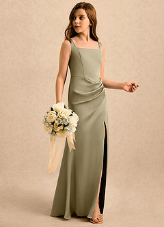Azazie Noah Girls Formal Sukienki dla dziewczynek sypiących kwiaty Osłona Pofałdowany Satyna elastyczna Długość podłogi Sukienka image3