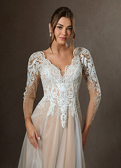 Azazie Essy Wedding Dresses Diamond White Nude A-Line V-Neck Sequins Tulle Dress image3