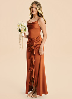 Azazie Rosalia Junior Cinnamon Sheath Pleated Stretch Satin Dress image3
