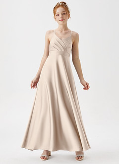 Azazie Avelina Junior White Alabaster A-Line Pleated Stretch Satin Dress image1