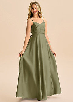 Azazie Rumi Junior Vestido de Pistacho de Satén Elástico de Corte en A con Plisado image5