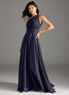 Azazie Charlize Robes de demoiselle d'honneur Robe Trapèze en Satin extensible Ue épaule Bleu Orageux image4