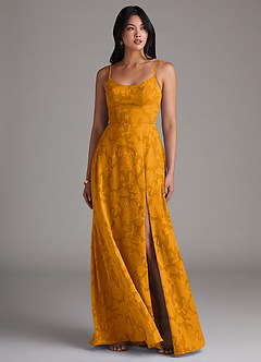 Azazie Moira Bridesmaid Dresses Butterscotch A-Line Side Slit Floral Burnout Dress image4