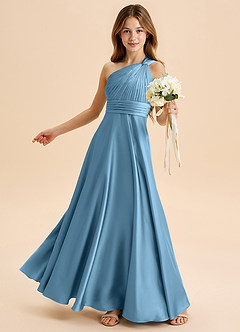 Azazie Charlize Junior Jurk van Stretch Satijn met A-Lijn Geplooid Staal Blauw image4