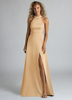 Azazie Clarice Bridesmaid Dresses Gold A-Line High Neck Stretch Satin Dress image4