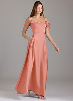 Azazie Marley Robes de demoiselle d'honneur Robe Trapèze Convertible en Satin extensible Épaule décolletée Corail image4