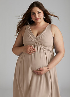 Azazie Yetta Maternity Bridesmaid Dresses A-Line V-Neck Gathered Chiffon Floor-Length Dress image8