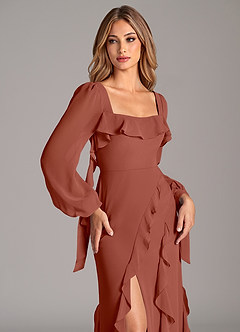 Azazie Candice Brautjungfernkleider A-Linie Langarm Chiffon Kleid Rotbraun image7
