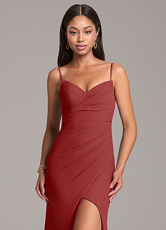 Azazie Yola Bridesmaid Dresses Rust Sheath Pleated Chiffon Convertible Dress image2