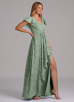 Azazie Omari Jurken voor bruidsmeisjes Jurk van Bloemen Burn-out met A-Lijn Geplooid Matcha image6