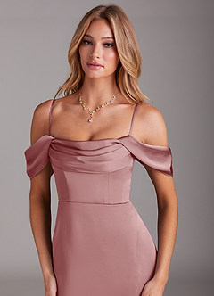 Azazie Saige Bridesmaid Dresses Dusty Rose Mermaid Off the Shoulder Stretch Satin Dress image2