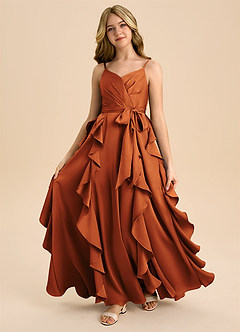 Azazie Peyton Junior Vestido de Canela de Satén Elástico de Corte en A con Plisado image5