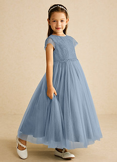 Azazie Bumblebee Abiti da Ragazza di Fiori Abito A-Line in Tulle Pizzo Blu Polveroso image2