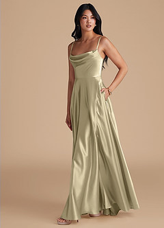 Azazie Elle Bridesmaid Dresses Moss Green A-Line with Pockets Metallic Satin Dress image6