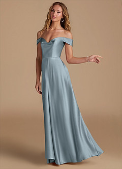 Azazie Jackalin Jurken voor bruidsmeisjes Converteerbaar Jurk van Metaalachtig Satijn met A-Lijn Off the Shoulder Stoffig Blauw image3