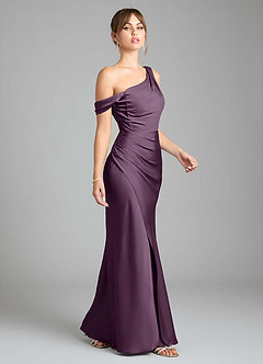 Azazie Madelyn Bridesmaid Dresses Plum Mermaid One Shoulder Stretch Satin Convertible Dress image5