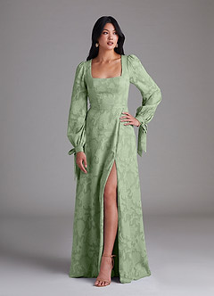 Azazie Leonia Brautjungfernkleider A-Linie Langarm Blumen-Burnout Kleid Staubiger Salbeigrün image1