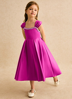 Azazie Yosemite Flower Girl Dresses Fuchsia Ball-Gown Sweetheart Neckline Matte Satin Dress image6