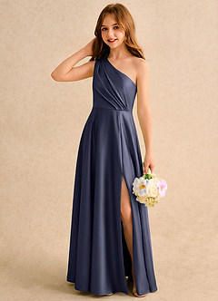 Azazie Puddles Girls Formal Robe Demoiselle D'honneur Fillette Robe Trapèze en Satin extensible Asymétrique Bleu Orageux image3