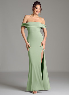 Azazie Evangelia Robes de demoiselle d'honneur Robe Sirène en Jersey extensible de qualité supérieure Épaules dénudées Vert Sauge image1