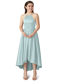Azazie Jemima Junior Mist A-Line with Pockets Stretch Satin Dress image4