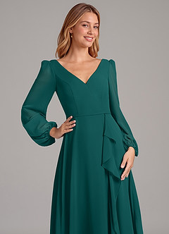 Azazie Simone Bridesmaid Dresses Peacock A-Line Long Sleeve Chiffon Dress image7