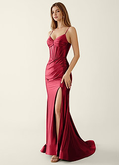 Indigo Wine Satin V-neck Sequins Mermaid Prom Dress image5