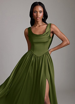 Azazie Novi Bridesmaid Dresses Bright Olive A-Line with Pockets Stretch Satin Dress image3