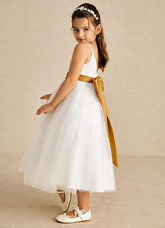 Azazie Lea Blumenmädchenkleider A-Linie Spaghetti Riemen Tüll Kleid Butterscotch image4