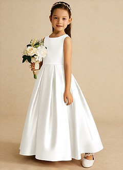Azazie Cailee Flower Girl Dresses Ivory Ball-Gown Pleated Matte Satin Dress image2