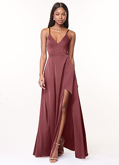 Azazie Maksim Bridesmaid Dresses Desert Rose A-Line V-Neck Stretch Satin Dress image1