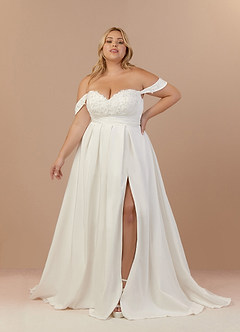 Azazie Joya Wedding Dresses Diamond White A-Line Off the Shoulder Crepe Back Satin Dress image10