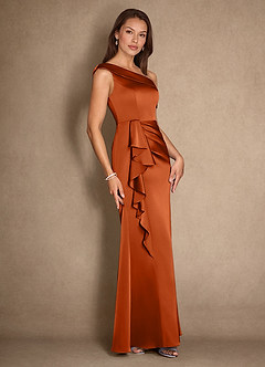 Azazie Hamptons Mother of the Bride Dresses Burnt Orange A-Line Pleated Stretch Satin Dress image3