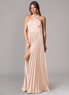 Azazie Afra Robes de demoiselle d'honneur Robe Trapèze en Satin extensible Plissée Rose Pâle image4