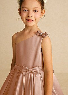 Azazie Lollipop Flower Girl Dresses Champagne Rose A-Line One Shoulder Matte Satin Dress image4