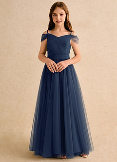 Azazie Yuna Girls Formal Flower Girl Dresses Dark Navy A-Line Off the Shoulder Tulle Dress image4