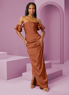 Barbie ♥ Azazie Jurken voor bruidsmeisjes Converteerbaar Jurk van Stretch Satijn met Kolom Off the Shoulder Ceder Roos image1
