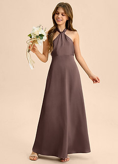 Azazie Beah Junior Ganache A-Line Pleated Stretch Satin Dress image2