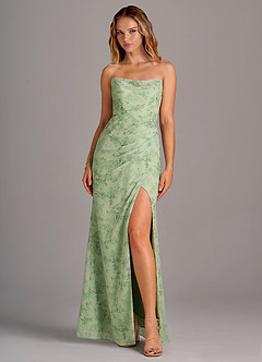 Azazie Leonis Bridesmaid Dresses Green Fern Floral Sheath Strapless Chiffon Convertible Dress image1