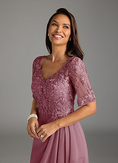 Azazie Amedeus Mother of the Bride Dresses Vintage Mauve A-Line V-Neck Lace Chiffon Dress image5