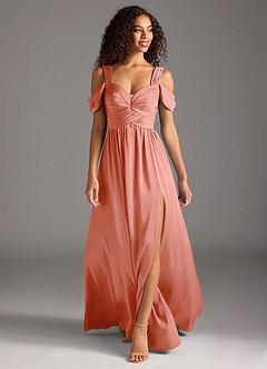 Azazie Lianne Bridesmaid Dresses Coral A-Line Off the Shoulder Stretch Satin Dress image2