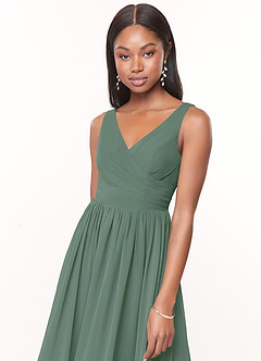 Azazie Keyla At-home Try On Dresses Eucalyptus A-Line V-Neck Pleated Chiffon Dress image5