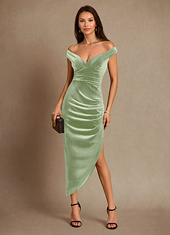 Azazie Nabila Mother of the Bride Dresses Dusty Sage Column Off the Shoulder Velvet Dress image4