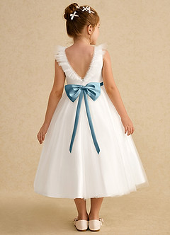 Azazie Amber Flower Girl Dresses Ivory Moody Blue A-Line Bow Tulle Dress image1