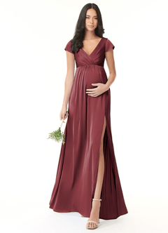 Azazie Allessia Robes de demoiselle d'honneur de maternité Robe Trapèze Plissée Longueur ras du sol Satin extensible image1