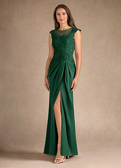 Azazie Santa Barbara Mother of the Bride Dresses Dark Green Sheath Pleated Stretch Satin Dress image2