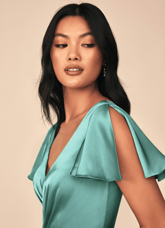Azazie Soren Bridesmaid Dresses Aqua A-Line Pleated Stretch Satin Dress image9