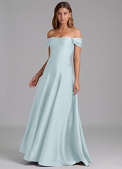 Azazie Seriana 신부 들러리 드레스 A라인 오프 더 숄더 스트레치 새틴 바닥 길이 드레스 image3